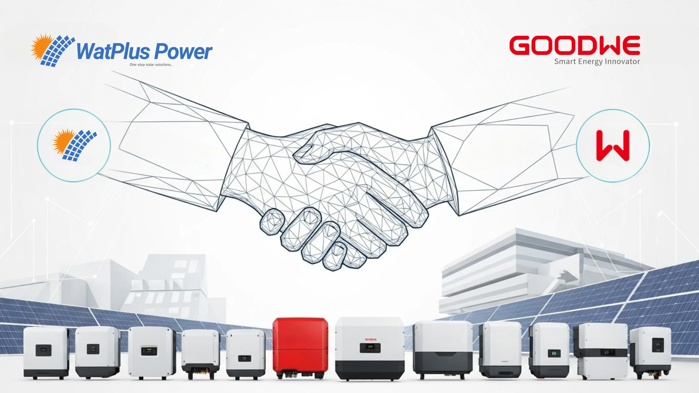 Professional hero image with a wireframe handshake for Watplus, the new GoodWe inverter distributor in India.