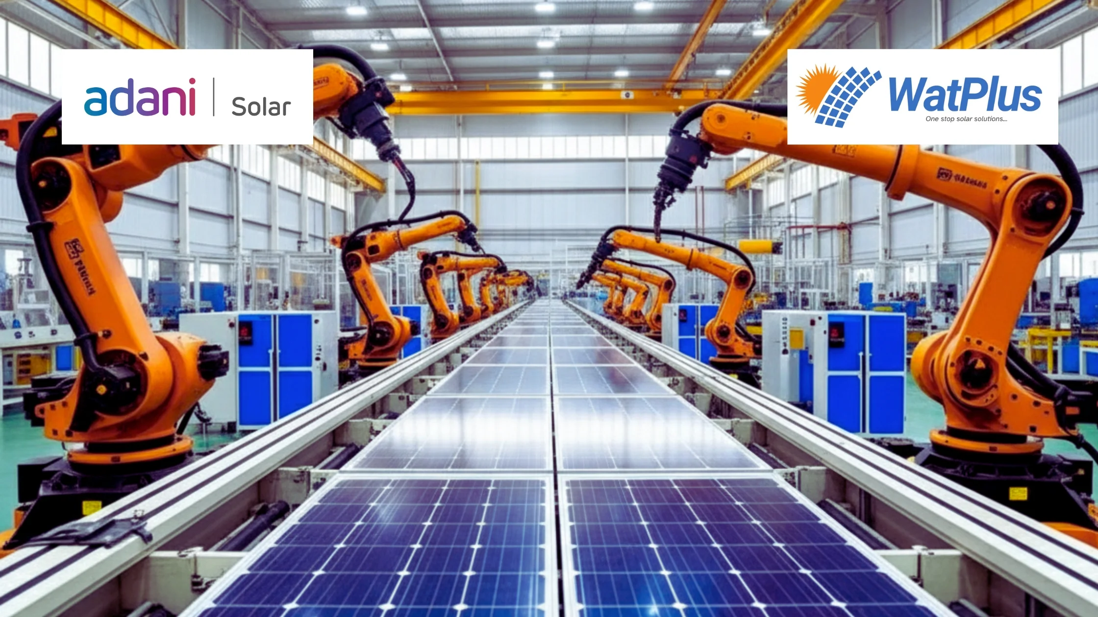 Manufacturer of solar panels in India, Adani Solar, automated facility showing solar panel assembly.