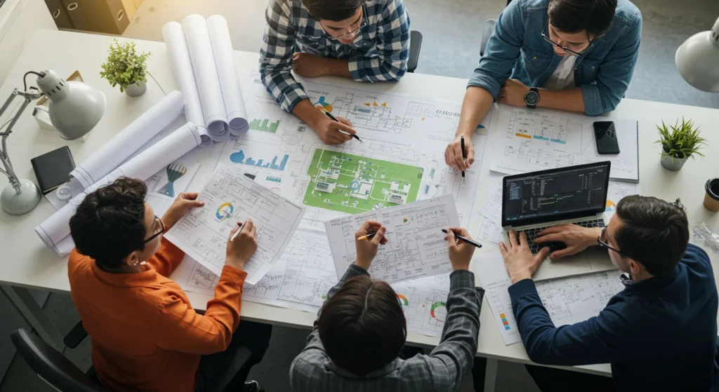 EPC engineers planning large-scale solar project with panels and inverters