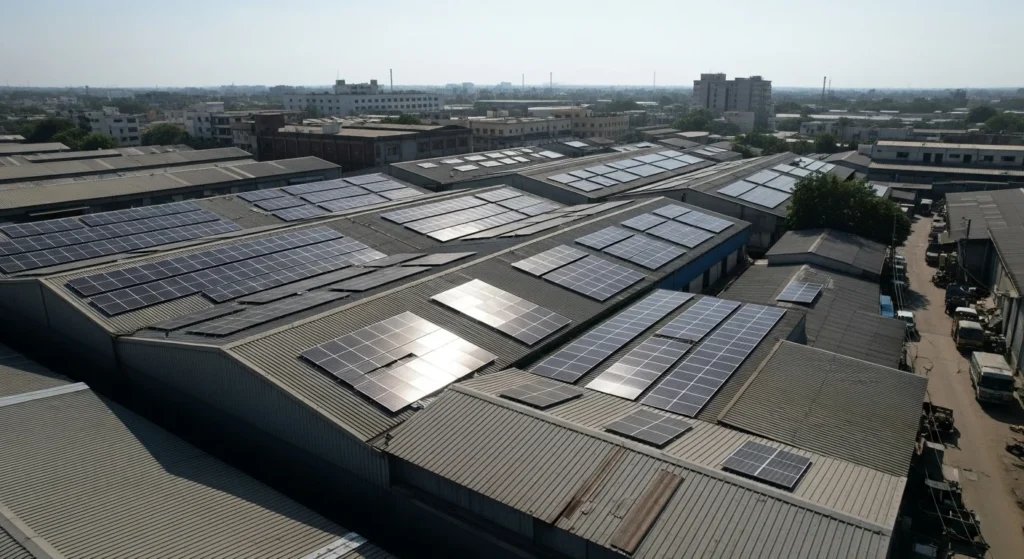 A bird’s-eye view of multiple industrial rooftops fitted with solar panels in an urban Maharashtra industrial area.