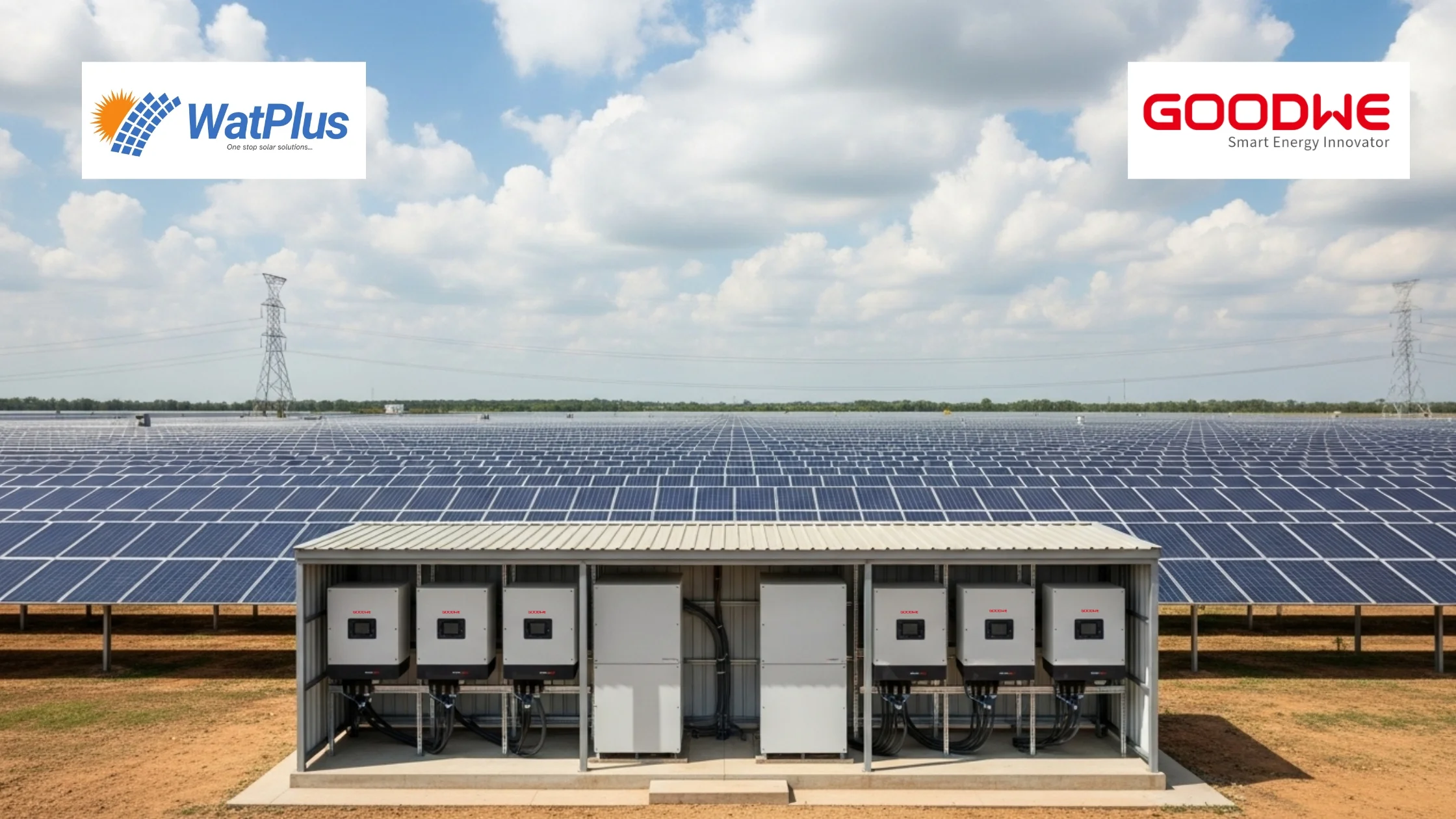 Large-scale utility solar farm in India with GoodWe inverters and solar panels in bright landscape.