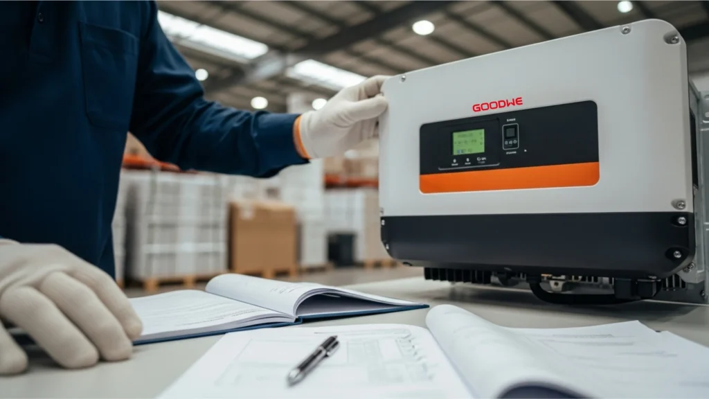 Hands inspecting GoodWe inverter and documentation for solar project quality assurance.