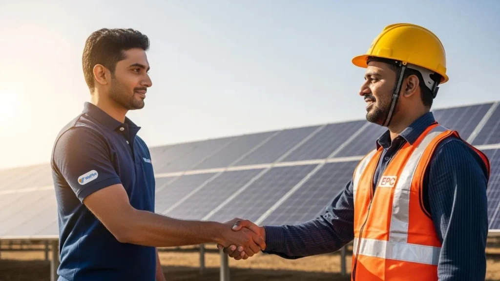 EPC professional shaking hands with a Watplus representative at a solar installation site