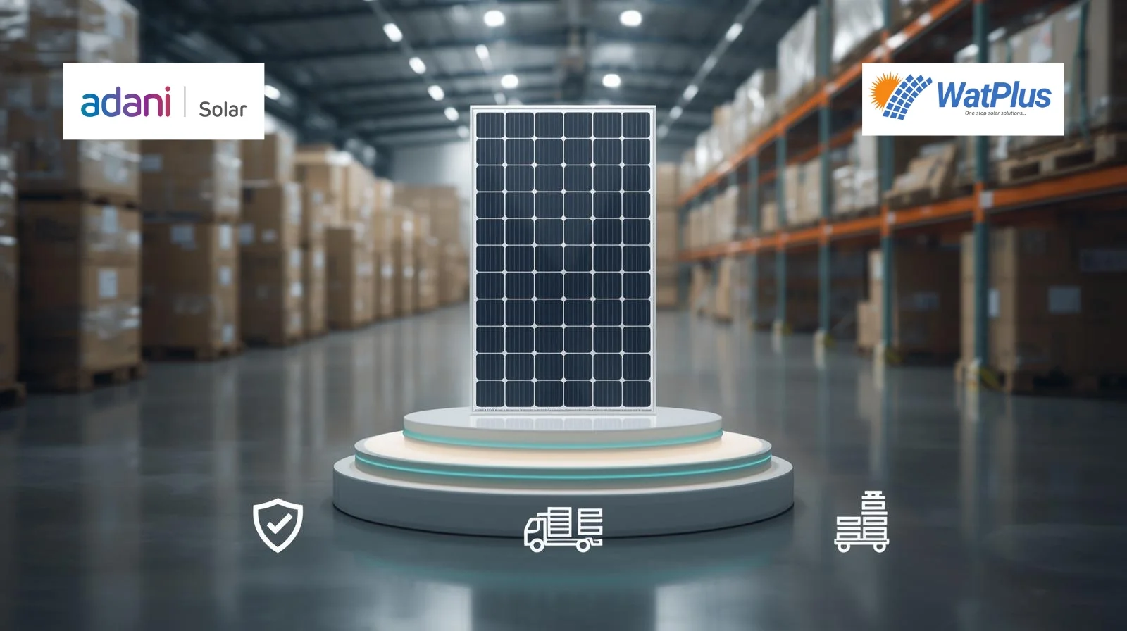 Adani Solar panel warehouse in Nagpur with vertical module display and bulk distribution setup