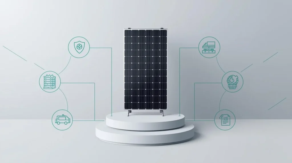 Adani Solar panel on stand with distribution icons for warranty, bulk supply and logistics